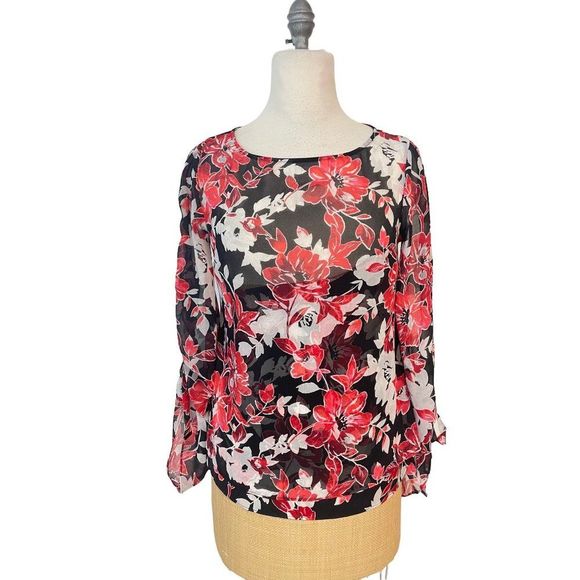 WHBM Black Red/Pink and White Tie-Sleeve Floral Blouse 2 - Picture 4 of 7